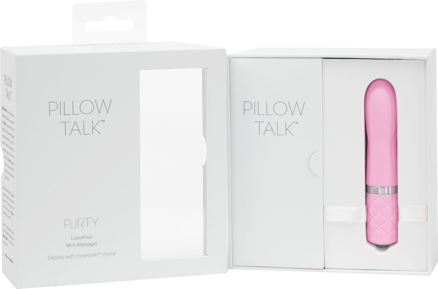 Pillow Talk Flirty in its box with the lid open showing the toy inside (pink).