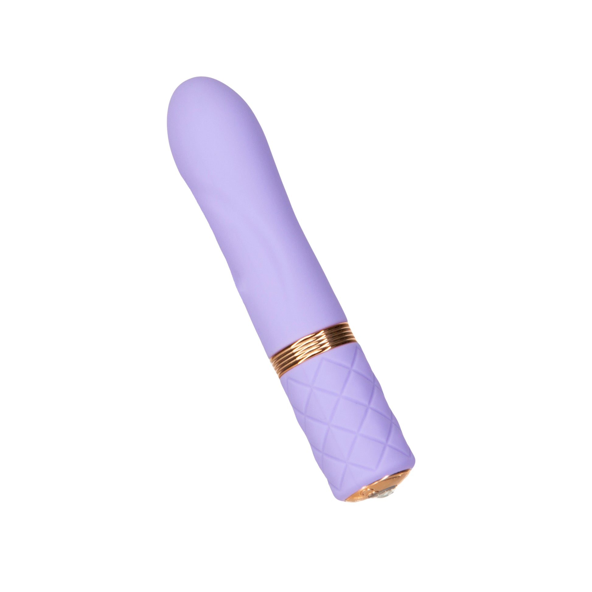 Side angle view of the bullet vibrator showing its size and textured handle (purple).