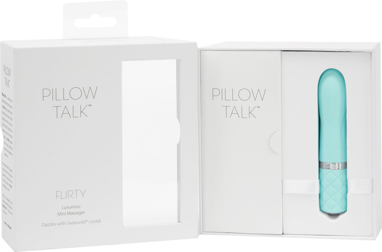Pillow Talk Flirty in its box with the lid open showing the toy inside (teal).