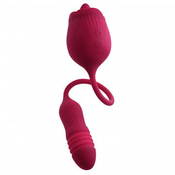 Full image shows the power button and flexibility of the cord of the Wild Rose Rechargeable Silicone Clitoral Stimulator from Evolved.