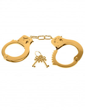 Front view of the Fetish Fantasy Gold Metal Cuffs from Pipedreams shows its included keys and adjustable cuffs.