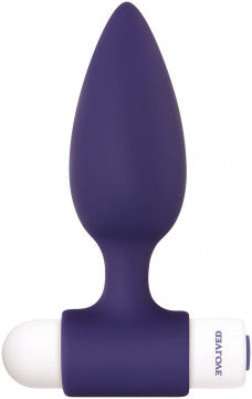 Close-up front view of one of the Evolved Dynamic Duo Rechargeable Silicone Vibrating Butt Plug Set (purple).