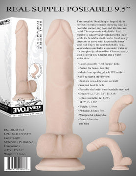 Back of the Evolved Real Supple Poseable Dildo w/ Balls (9.5in) box. Light tone.