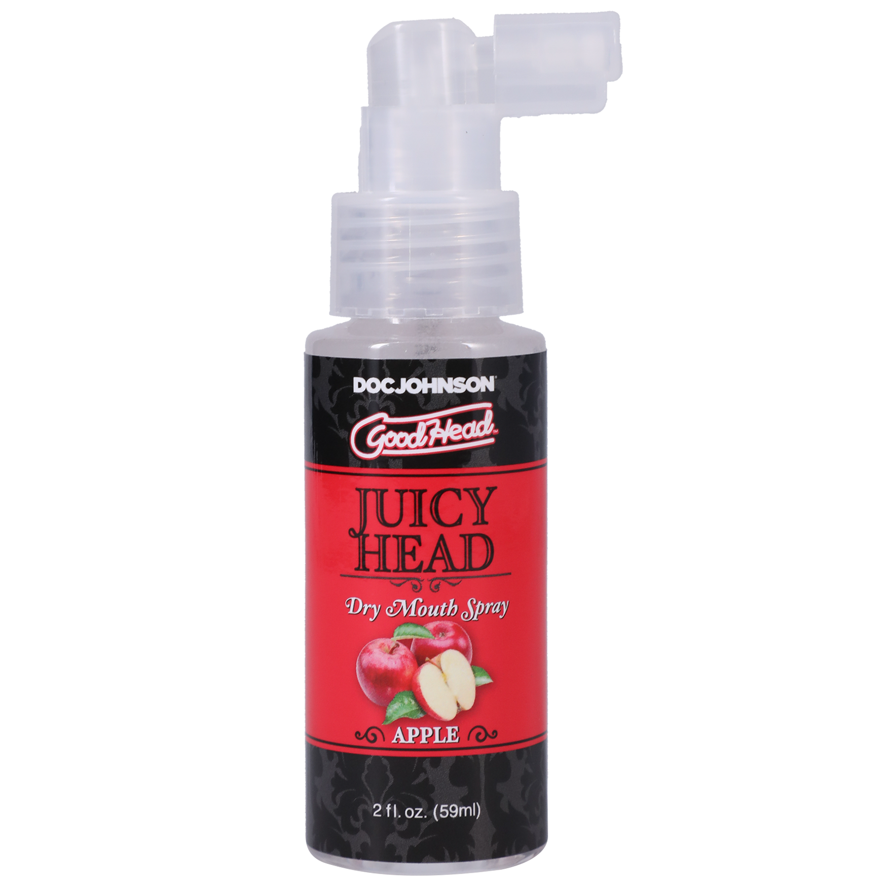 Photo of the bottle of GoodHead Juicy Head from Doc Johson (apple) shows its easy to use pump spray nozzle.