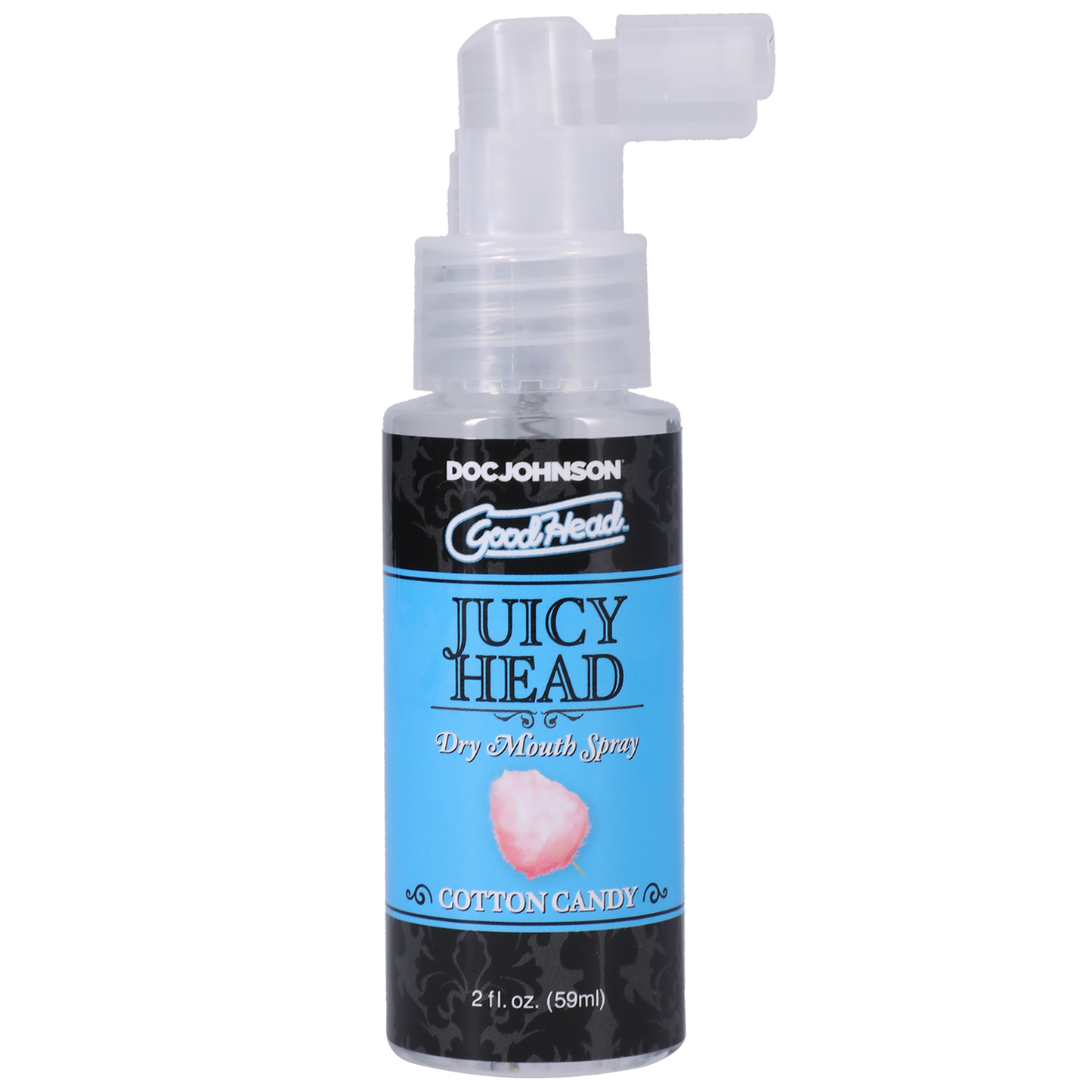 Photo of the bottle of GoodHead Juicy Head from Doc Johson (cotton candy) shows its easy to use pump spray nozzle.