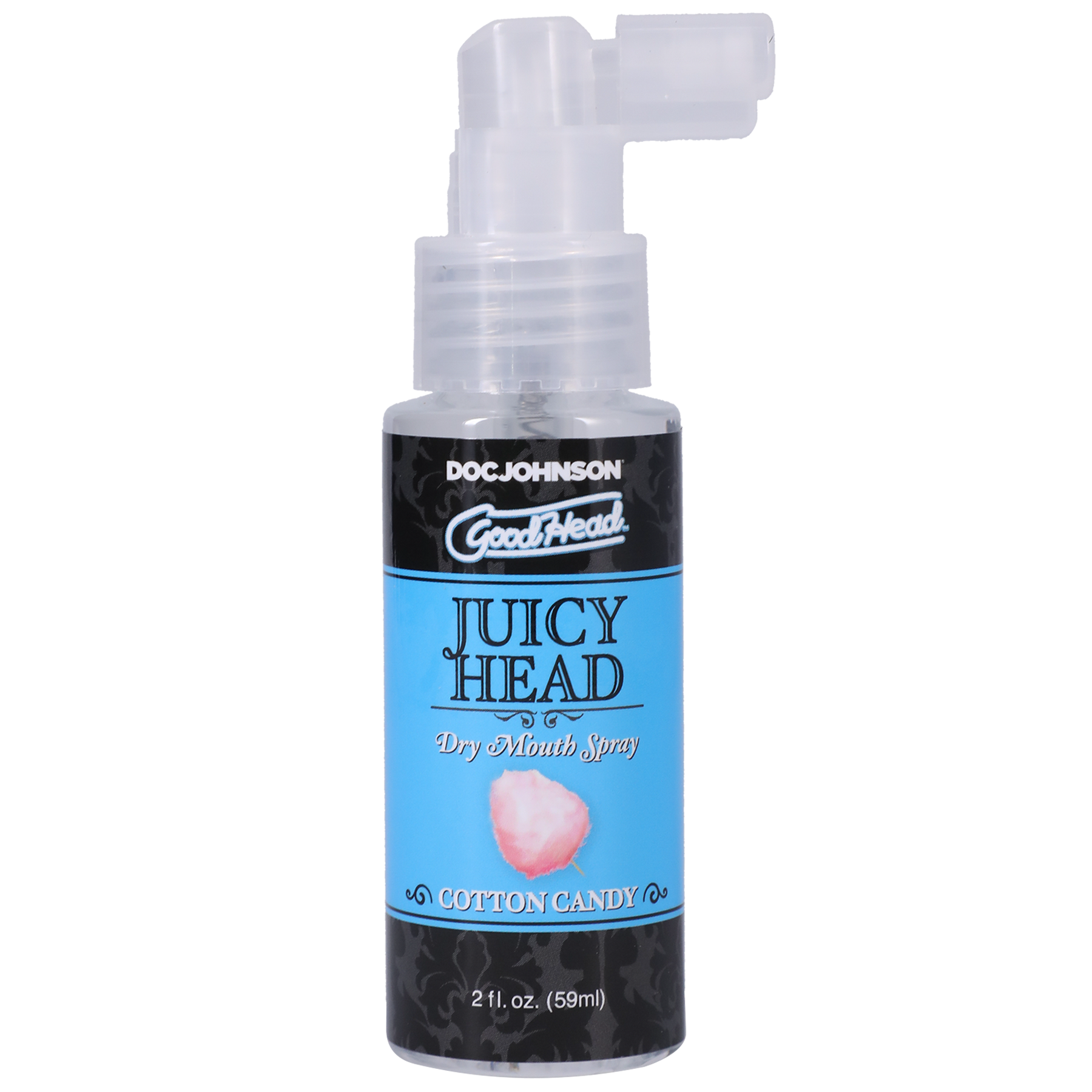Photo of the bottle of GoodHead Juicy Head from Doc Johson (cotton candy) shows its easy to use pump spray nozzle.