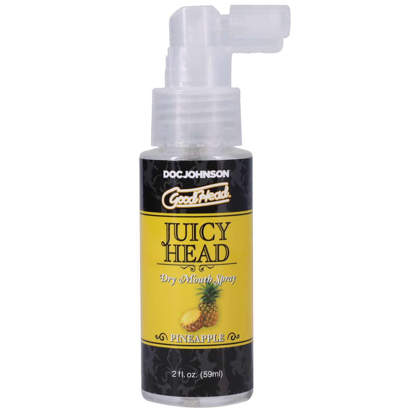 Photo of the bottle of GoodHead Juicy Head from Doc Johson pineapple ) shows its easy to use pump spray nozzle.