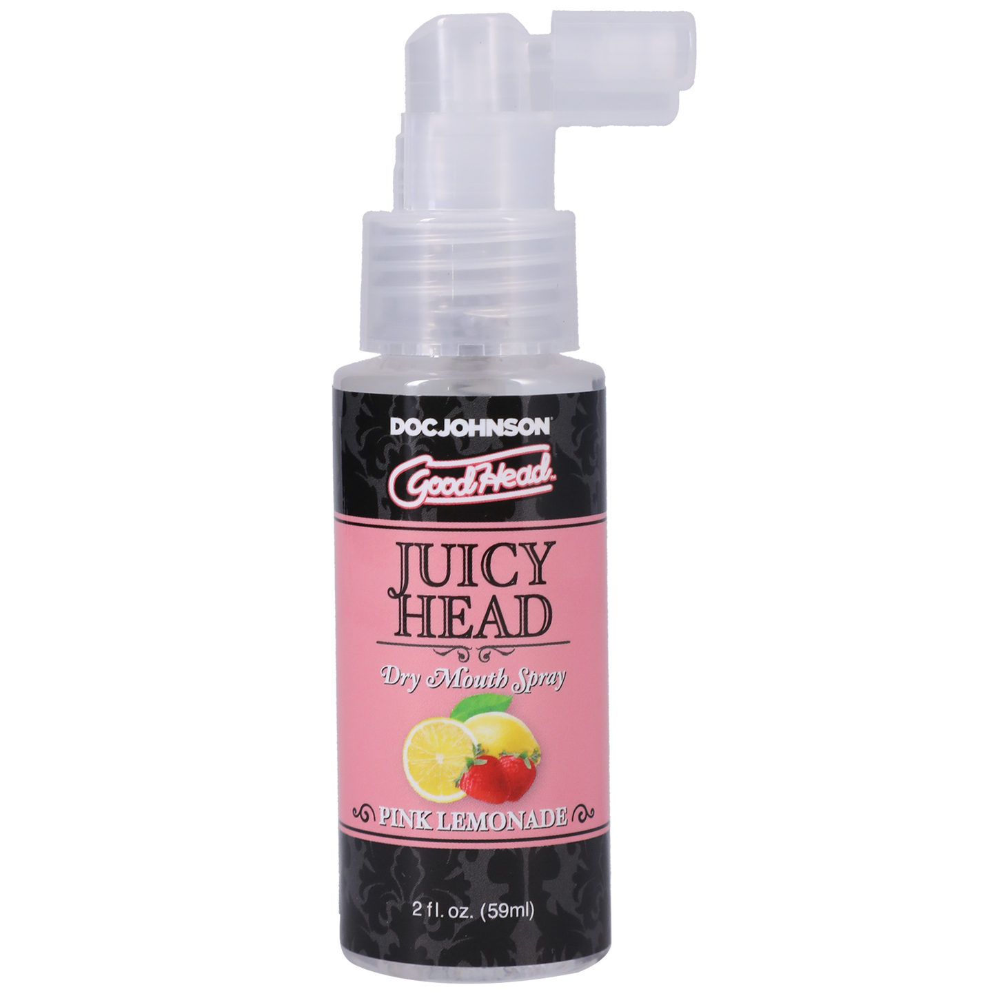 Photo of the bottle of GoodHead Juicy Head from Doc Johson pink lemonade ) shows its easy to use pump spray nozzle.