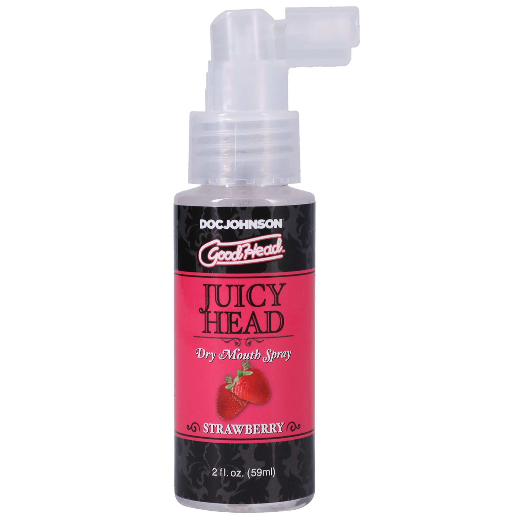 Photo of the bottle of GoodHead Juicy Head from Doc Johson (strawberry) shows its easy to use pump spray nozzle.