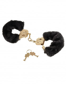 Front view of the Fetish Fantasy Gold Deluxe Furry Cuffs from Pipedreams (black/gold) shows their thick black fur and included keys for locks.