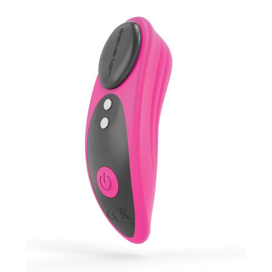 Up-right angled view of the Ferri Panty Vibe (pink) from Lovense, shows its magnetic charging ports, power button and ergonomic design.