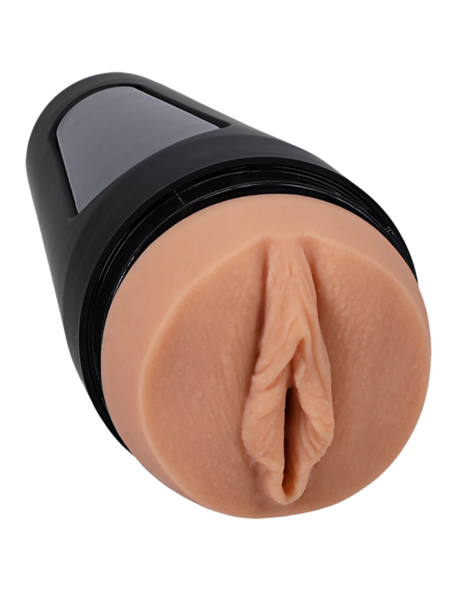 Front angle view of the  Main Squeeze Lulu Chu Ultraskyn Masturbator from Doc Johnson shows its realistic design.