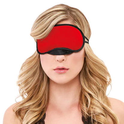 Photo of a woman wearing the peek-a-boo love mask (red).
