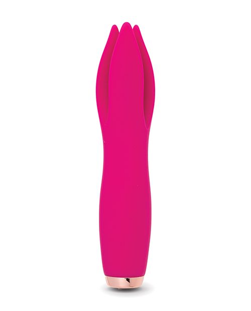 Up-right view of the toy shows its unique shape, petal like tips and elegant curves (magenta).