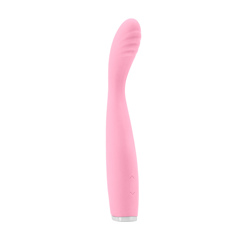 Side view of the Luxe Lillie Slim Wand Massager from NS Novelties (pink) shows its textured g-spot head for maximum pleasure.