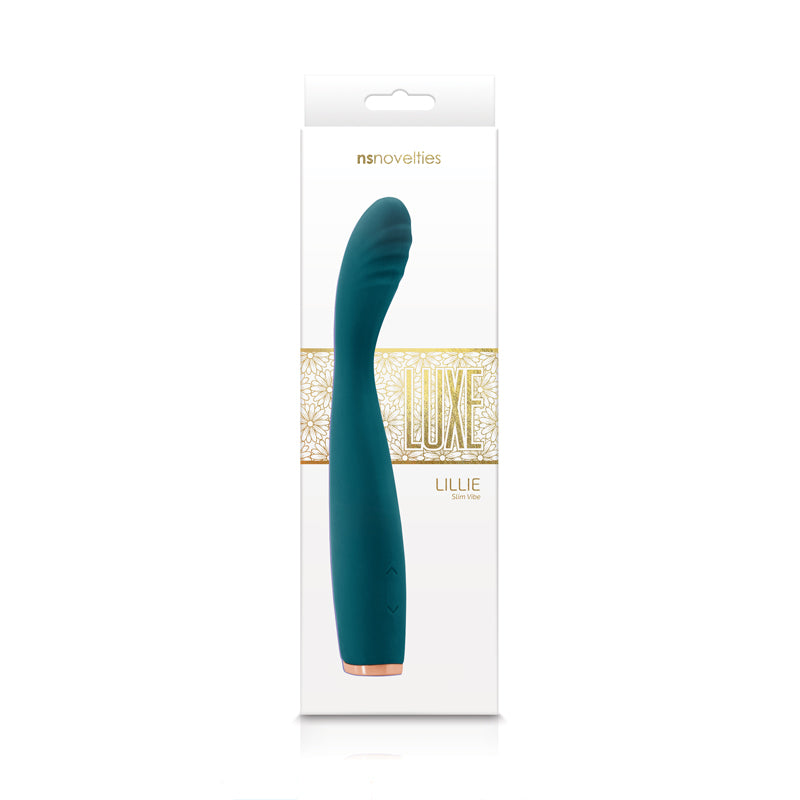 Photo of the front of the box for the Luxe Lillie Slim Wand Massager from NS Novelties (teal).