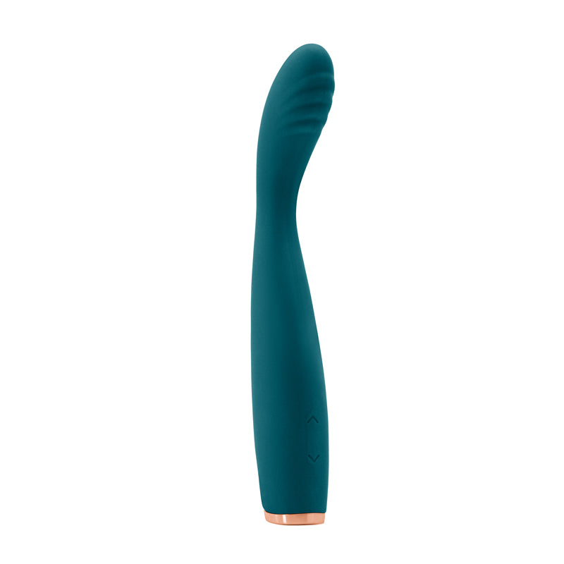 Side view of the Luxe Lillie Slim Wand Massager from NS Novelties (teal) shows its textured g-spot head for maximum pleasure.