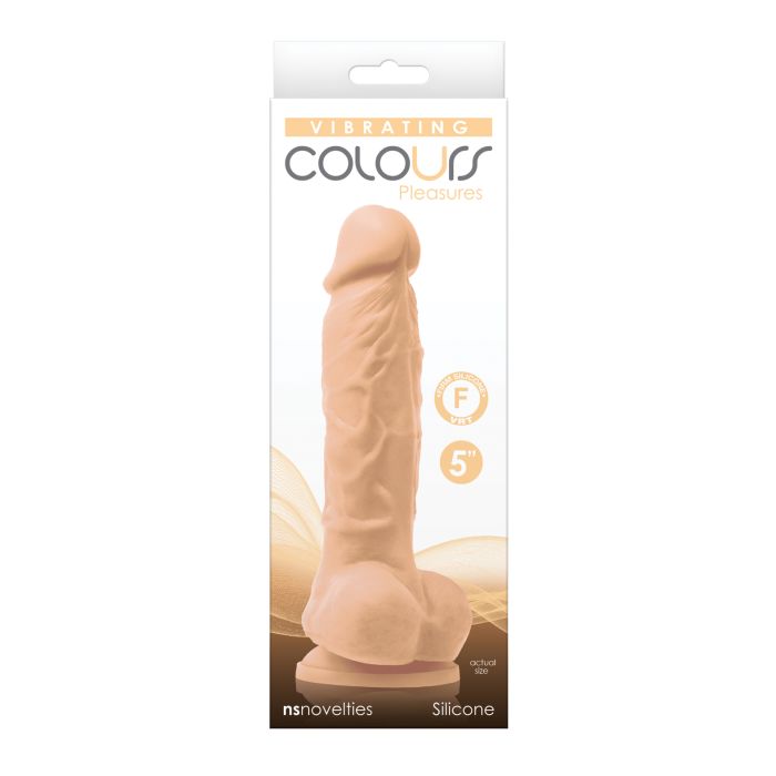 Photo of the front of the box for the olours Pleasures Silicone Vibrating Dildo from NS Novelties (vanilla).