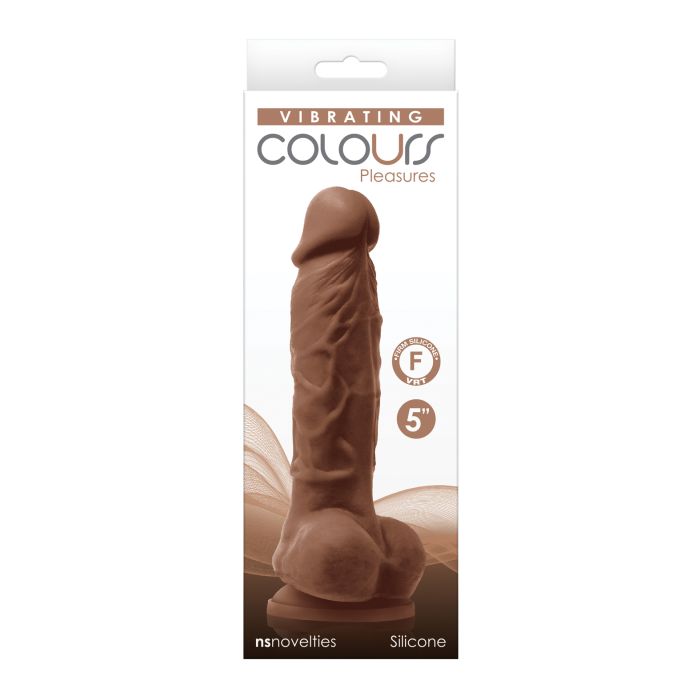 Photo of the front of the box for the olours Pleasures Silicone Vibrating Dildo from NS Novelties (caramel).