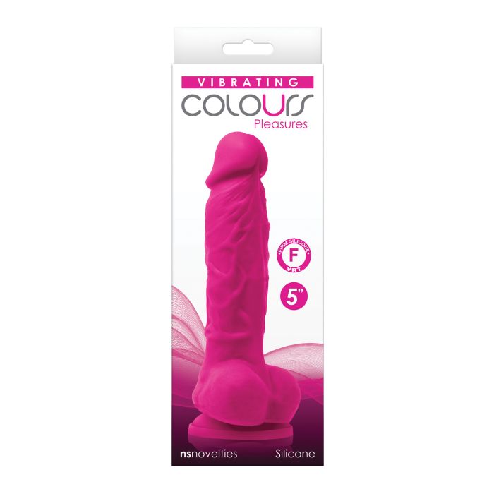 Photo of the front of the box for the olours Pleasures Silicone Vibrating Dildo from NS Novelties (pink).