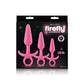 Photo shows the front of the box for the Firefly Prince Trainer Kit Butt Plugs (3pc) from NS Novelties (pink).