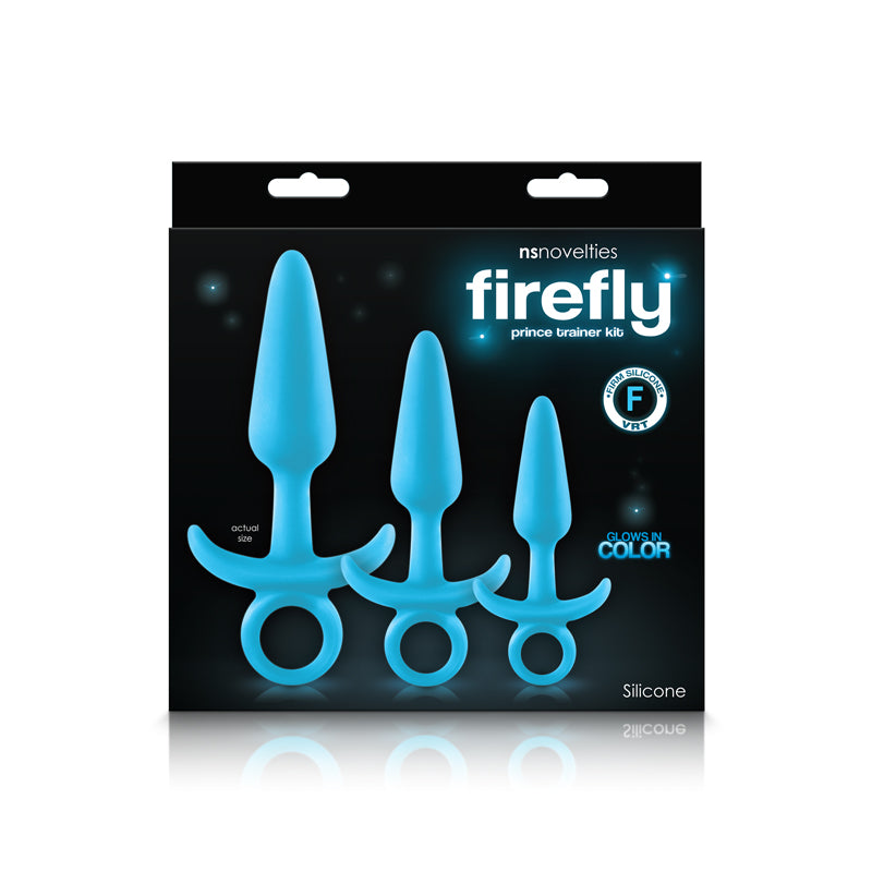 Photo shows the front of the box for the Firefly Prince Trainer Kit Butt Plugs (3pc) from NS Novelties (blue).