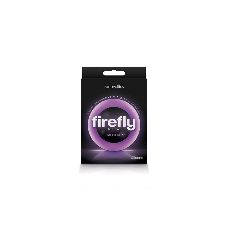 Photo of the front of the box for one of the Firefly Halo Silicone Cock Rings from NS Novelties (purple).