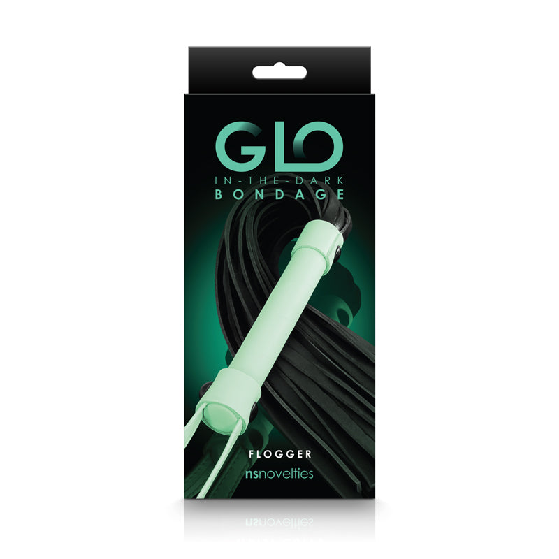 Photo of the front of the box for he Glo Bondage Flogger from NS Novelties.