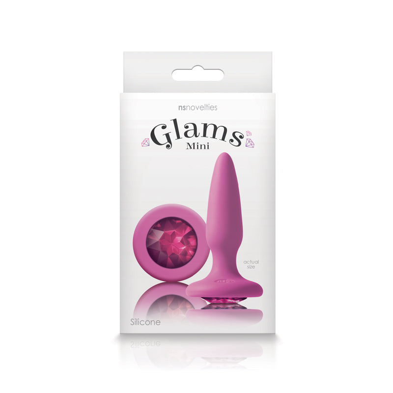 Photo of the front of the box for the Glams Mini Silicone Butt Plug from NS Novelties (pink/pink).