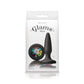 Photo of the front of the box for the Glams Mini Silicone Butt Plug from NS Novelties (black/rainbow).