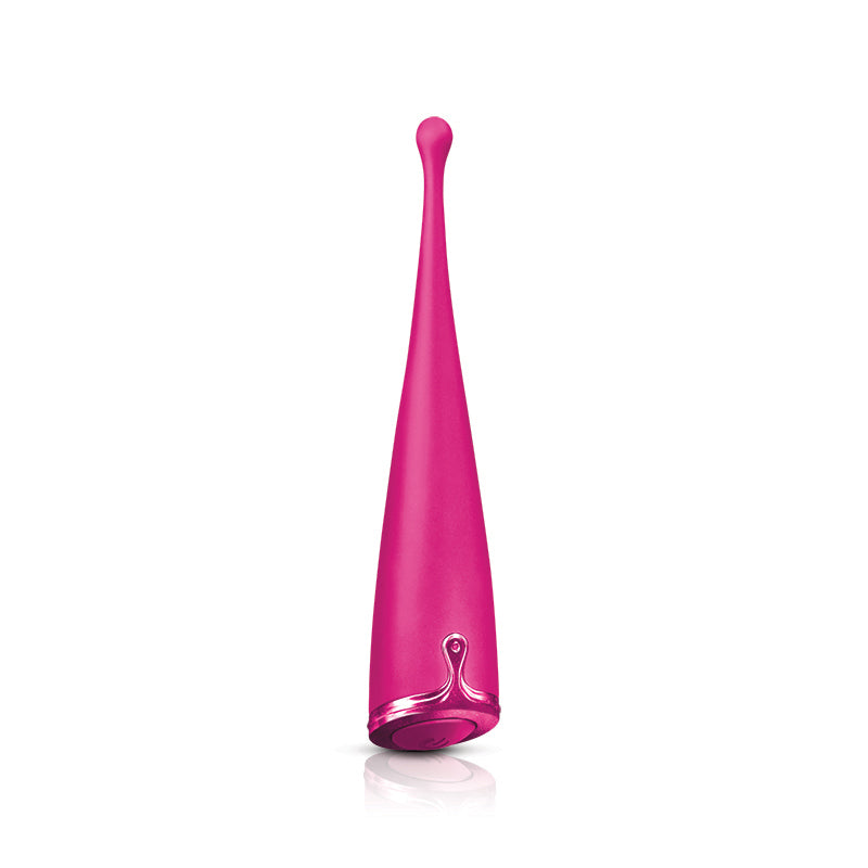 Front view of the Inya Le Pointe from NS Novelties (pink), shows its power button at the bottom and uniquely shaped tip for maximum stimulation.