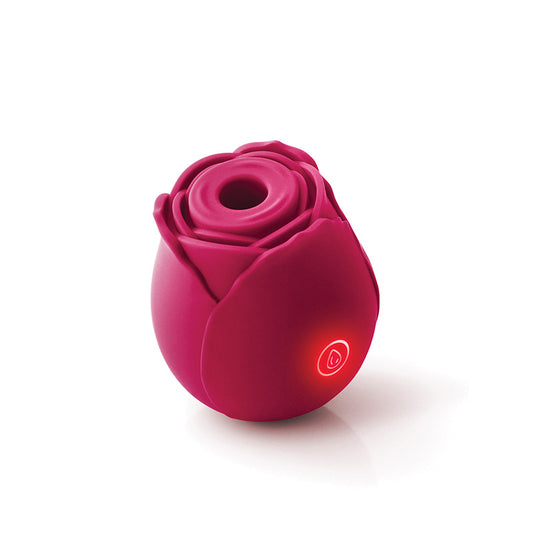 Close-up of the Inya The Rose from NS Novelties (red) shows its illuminated power button, soft petal like design, and air pulsing hole.