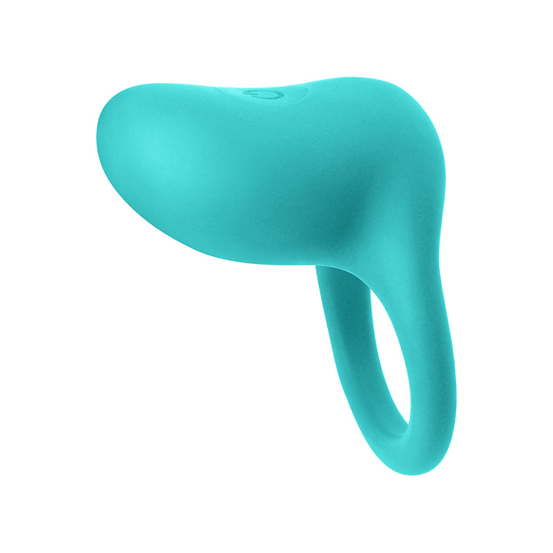 Close-up view of the Inya Regal Vibrating Cock Ring from NS Novelties (teal) shows its ergonomic shape as well as easy access power button.