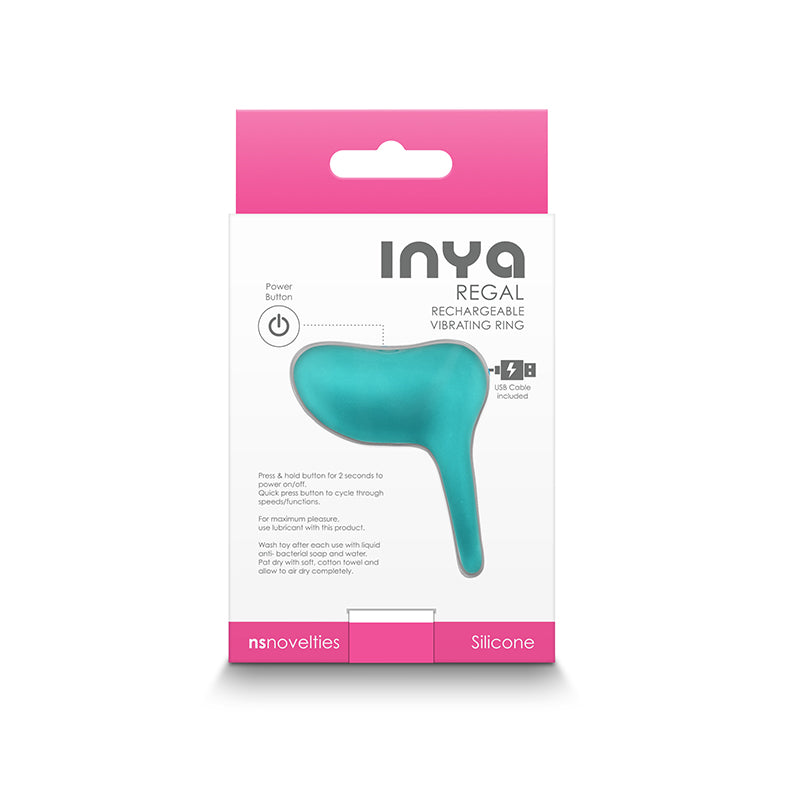 Photo of the back of the box for Inya Regal Vibrating Cock Ring from NS Novelties (teal).