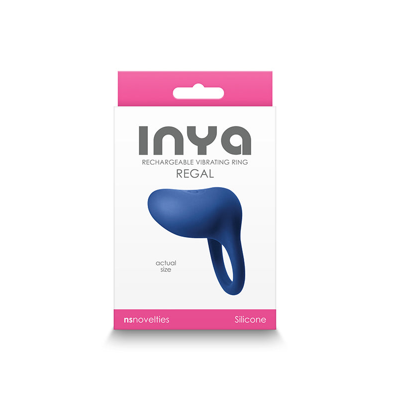 Photo of the front of the box for Inya Regal Vibrating Cock Ring from NS Novelties (blue).