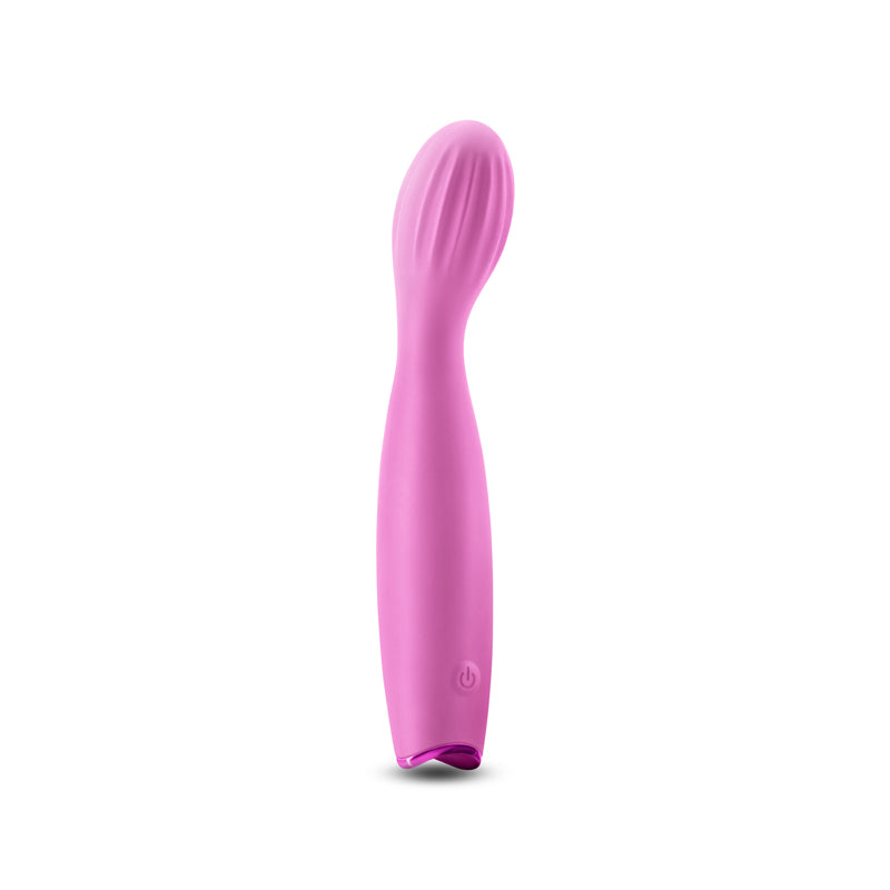 Profile view of the Revel Pixie G-Spot Vibrator from NS Novelties (pink) shows its textured g-spot head and slim handle.