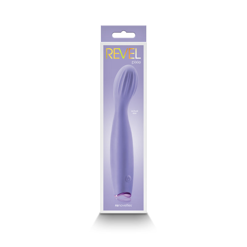 Photo of the front of the box for the Revel Pixie G-Spot Vibrator from NS Novelties (purple).
