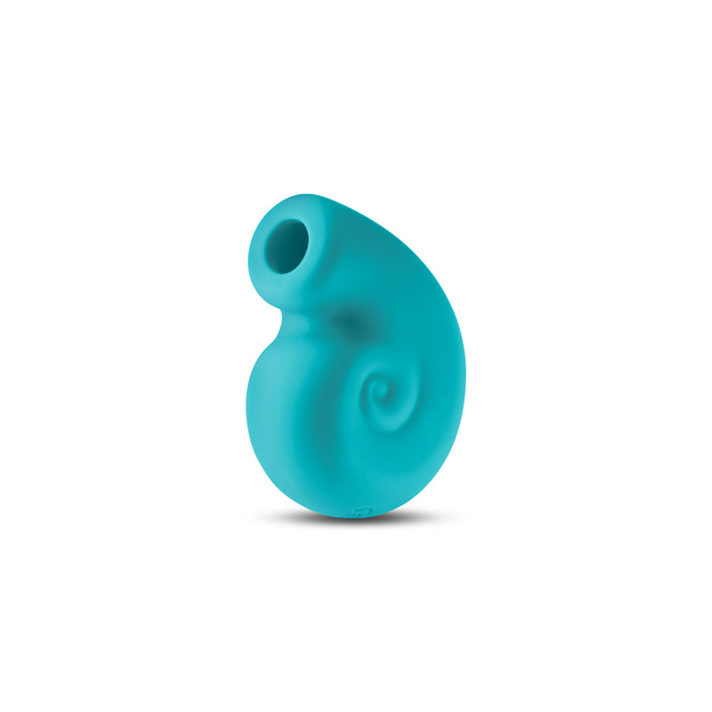 Front angle view of the Revel Starlet from NS Novelties (teal) shows its fun swirl design, small size, and petite air pulse hole.
