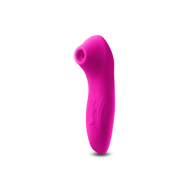 Profile view of the Revel Vera Air Pulse from NS Novelties (pink) shows its control buttons and petite handle.