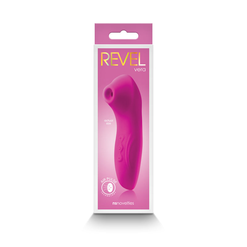Photo of the front of the box for the Revel Vera Air Pulse from NS Novelties (pink).