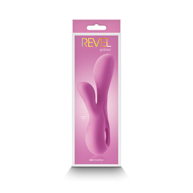 Photo of the front of the box for the Revel Galaxy Rabbit Vibrator from NS Novelties (pink).