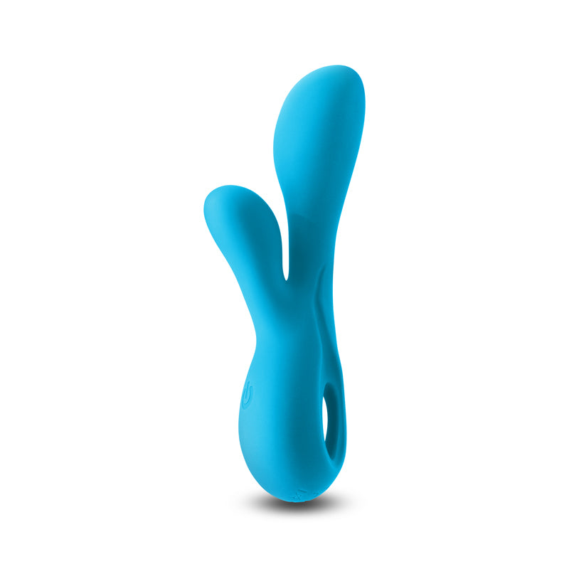 Up-right side view of the Revel Galaxy Rabbit Vibrator from NS Novelties (blue) shows its pronounced clitoral stimulator, wide g-spot stimulator, and convenient loop handle. 