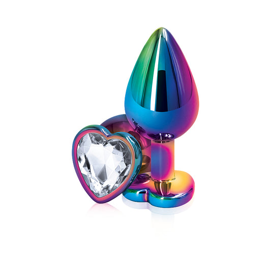 Close-up of the  Rear Assets Heart Anal Plug w/ Gem from NS Novelties (rainbow/clear) shows its long neck for comfort as well as its faceted gem.