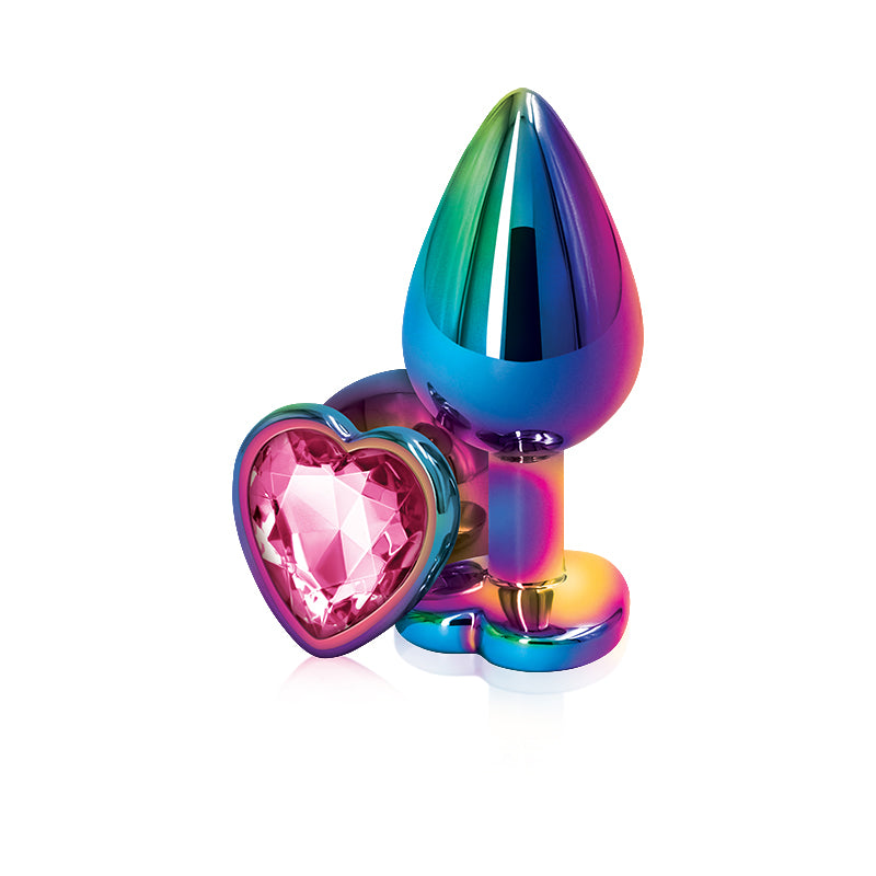 Close-up of the Rear Assets Heart Anal Plug w/ Gem from NS Novelties (rainbow/pink) shows its long neck for comfort as well as its faceted gem.