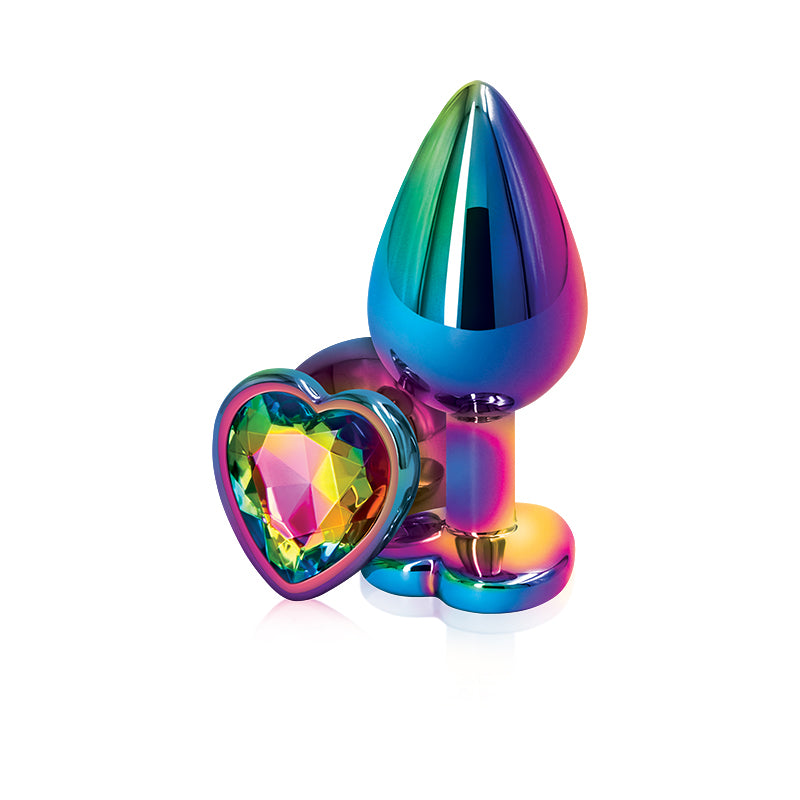 Close-up of the Rear Assets Heart Anal Plug w/ Gem from NS Novelties (rainbow/rainbow) shows its long neck for comfort as well as its faceted gem.