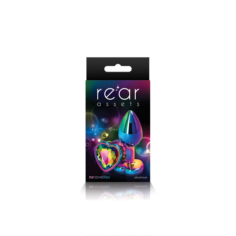 Photo of the front of the box for the Rear Assets Heart Anal Plug w/ Gem from NS Novelties (rainbow/rainbow).