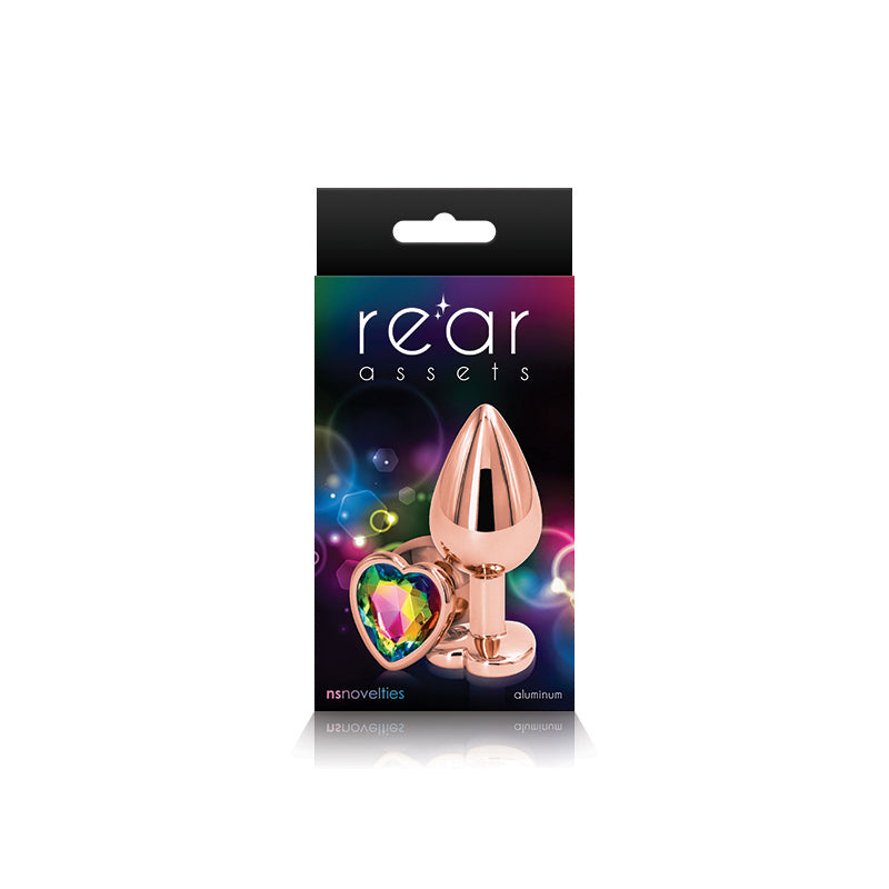Photo of the front of the box for the Rear Assets Heart Anal Plug w/ Gem (rose gold/rainbow) from NS Novelties.