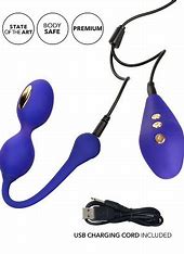 Photo shows the Impulse Intimate E-Stimulator Remote Dual Kegel Exerciser, from CalExotics, with its charging cords for both the toy and the remote.