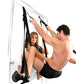 Photo shows the Fetish Fantasy Series Fantasy Door Swing from Pipedreams hanging in a doorway, shown with a couple using it one of the many ways it can be used.