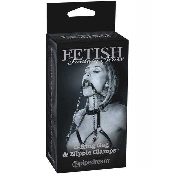 Photo of the front of the box for the Fetish Fantasy Series O-Ring Gag and Nipple Clamps from Pipedreams (black).